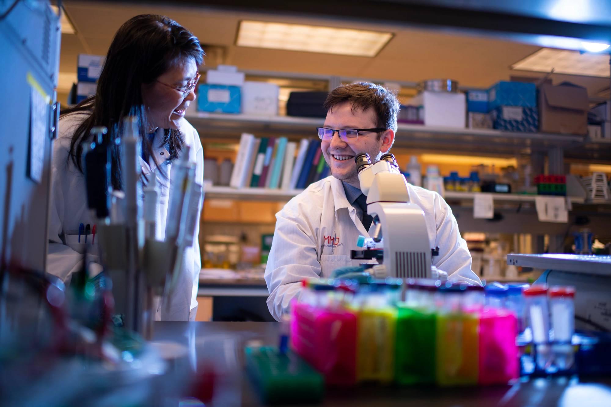 A GVSU student conducting Biology research with his professor.